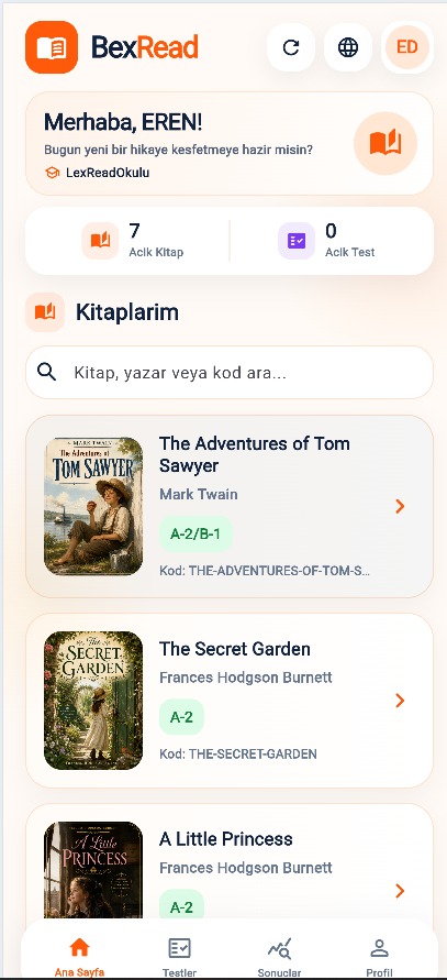 BexRead öğrenci ana sayfası